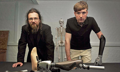 Richard Walker (left), chief roboticist, and Dr Bertolt Meyer (right) at the Body Lab. On the table is an iWalk BiOM ankle. Photograph: Channel 4  [downloaded from http://www.guardian.co.uk/science/blog/2013/jan/30/build-bionic-man]