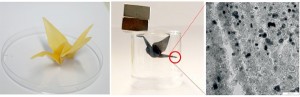An origami figure takes flight: A crane made from folded paper is immersed in the ferric catalyst (left) by the Max Planck researchers in Potsdam. After the conversion, all that remains besides graphite is magnetic iron carbide, which allows the bird to fly towards the magnets (centre). The picture of a transmission electron microscope reveals the nanostructure of the carbon (right). © MPI of Colloids and Interfaces