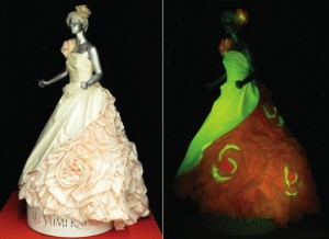 Wedding gown made from fluorescent silks, designed by Yumi Katsura, shown in white and UV light. (Iizuka et al., Advanced Functional Materials)