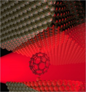 Rice University scientists discovered the bonds in a carbon-60 molecule – a buckyball – can be "detuned" when exposed to an electric current in an optical antenna. (Credit: Natelson Group/Rice University)