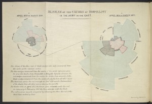 In her seminal ‘rose diagram’, Florence Nightingale demonstrated that far more soldiers died from preventable epidemic diseases (blue) than from wounds inflicted on the battlefield (red) or other causes (black) during the Crimean War (1853-56). Courtesy British Library