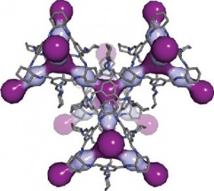 Breathing room: In this computer simulation, light and dark purple highlight the cavities within the 3D pore structure of CC3. Courtesy:  PNNL