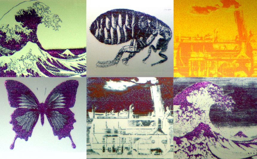 Still images drawn with the technology: at around 70 micrometres across each image is smaller than the width of a human hair.  Courtesy University of Oxford