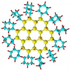 Caption: A structural model of a typical silicon nanocrystal (yellow) was stabilized within an organic shell of cyclohexane (blue). Credit: NIST