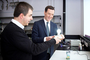 Chancellor George Osborne and Sir Kostya Novoselov with the graphene lightbulb Courtesy: University of Manchester