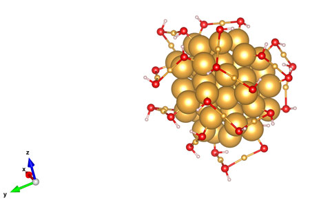This rendering shows the atomic arrangements of a gold nanocluster as reported in a new study led by UNL chemist Xiao Cheng Zeng. The cluster measures about 1.7 nanometers long -- roughly the same length that a human fingernail grows in two seconds. (Joel Brehm/Office of Research and Economic Development)