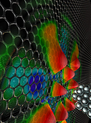 Caption: An international research group led by scientists at NIST has developed a technique for creating nanoscale whispering galleries for electrons in graphene. The researchers used the voltage from a scanning tunneling microscope (right) to push graphene electrons out of a nanoscale area to create the whispering gallery (represented by the protuberances on the left), which is like a circular wall of mirrors to the electron. credit: Jon Wyrick, CNST/NIST