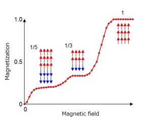 The magnetic structure that gives rise to the Devil's Staircase Magnetization (vertical axis) of cobalt oxide shows plateau like behaviors as a function of the externally-applied magnetic field (horizontal axis). The researchers succeeded in determining the magnetic structures which create such plateaus. Red and blue arrows indicate spin direction. © 2015 Hiroki Wadati. 