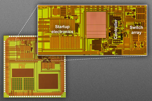 The MIT researchers' prototype for a chip measuring 3 millimeters by 3 millimeters. The magnified detail shows the chip's main control circuitry, including the startup electronics; the controller that determines whether to charge the battery, power a device, or both; and the array of switches that control current flow to an external inductor coil. This active area measures just 2.2 millimeters by 1.1 millimeters. (click on image to enlarge) Read more: Toward tiny, solar-powered sensors. Courtesy: MIT