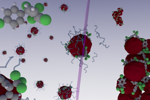 Nanoparticles that lose their stability upon irradiation with light have been designed to extract endocrine disruptors, pesticides, and other contaminants from water and soils. The system exploits the large surface-to-volume ratio of nanoparticles, while the photoinduced precipitation ensures nanomaterials are not released in the environment. Image: Nicolas Bertrand Courtesy: MIT