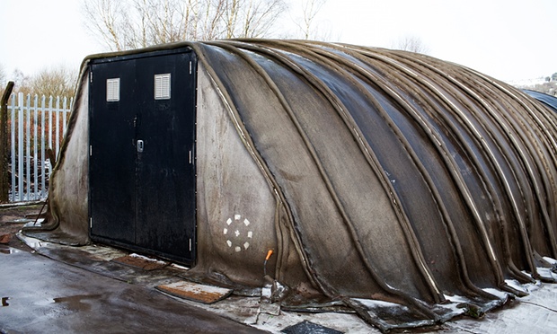 A Concrete Canvas shelter. Once erected the structure takes 24 hours to harden, and then can be further insulated with earth or snow if necessary. Photograph: Gareth Phillips/Gareth Phillips for the Guardian 