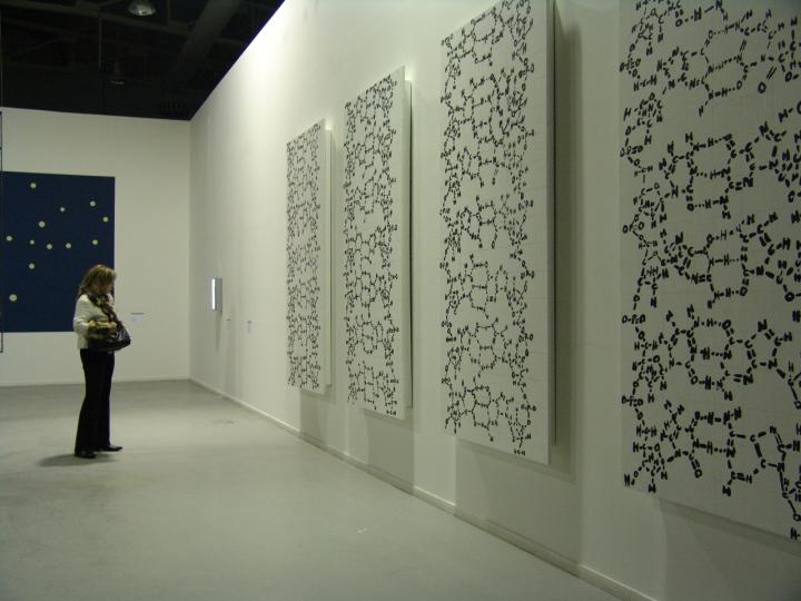  Caption This photograph shows polyptich paintings by Joe Davis of his 28-mer Microvenus DNA molecule (2006 Exhibition in Greece at Athens School of Fine Arts). Credit: Courtesy of Joe Davis