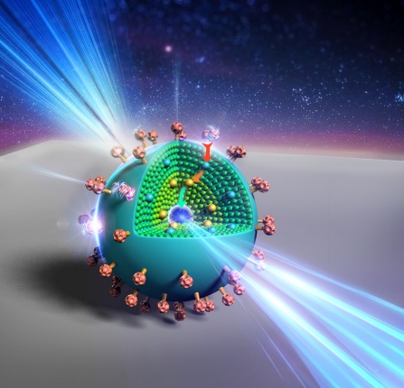 An artist’s rendering shows the layers of a new, onion-like nanoparticle whose specially crafted layers enable it to efficiently convert invisible near-infrared light to higher energy blue and UV light. Credit: Kaiheng Wei Courtesy: University of Buffalo