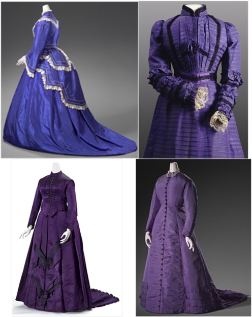 Fig. 1. Dress 1 circa 1865, dress 2 circa 1898, dress 3 circa 1878 and dress 4 circa 1885 (clock-wise from left top). Details of these dresses are presented in the Experimental section. [downloaded from http://www.sciencedirect.com/science/article/pii/S1386142515302742]