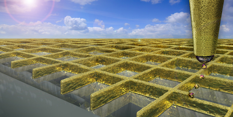 With a special mode of electrohydrodynamic ink-jet printing scientists can create a grid of ultra fine gold walls. (Visualisations: Ben Newton / Digit Works)