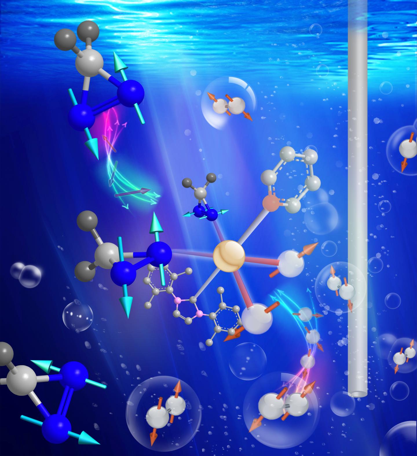 Caption: Duke scientists have discovered a new class of inexpensive and long-lived molecular tags that enhance MRI signals by 10,000-fold. To activate the tags, the researchers mix them with a newly developed catalyst (center) and a special form of hydrogen (gray), converting them into long-lived magnetic resonance 'lightbulbs' that might be used to track disease metabolism in real time. Credit: Thomas Theis, Duke University