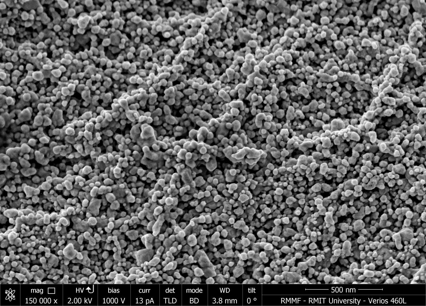 Caption: Close-up of the nanostructures grown on cotton textiles by RMIT University researchers. Image magnified 150,000 times. Credit: RMIT University