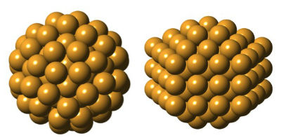 Setting out to confirm the predicted structure of Gold-144, researchers discovered an entirely unexpected atomic arrangement (right). The two structures, described in detail for the first time, each have 144 gold atoms, but are uniquely shaped, suggesting they also behave differently. (Courtesy of Kirsten Ørnsbjerg Jensen)