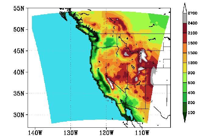 Caption: The elevation of areas of the American West that were part of recent climate modeling as part of the Weather@Home Program. Credit: Graphic courtesy of Oregon State University
