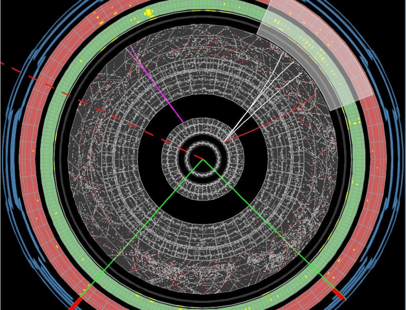 These images show how particles appear in the ATLAS detector. The lines show the paths of charged particles travelling away from a collision at the centre. Volunteers are looking for tracks appearing 'out of thin air' away from the centre. (Image: CERN)