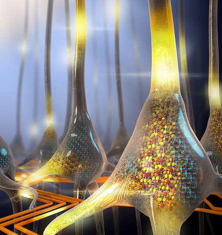 An artistic rendering of a population of stochastic phase-change neurons which appears on the cover of Nature Nanotechnology, 3 August 2016. (Credit: IBM Research)