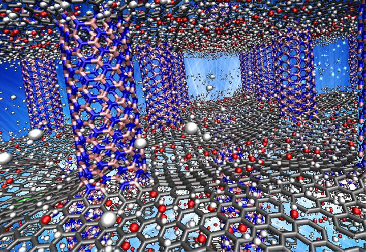 Caption: Simulations by Rice University scientists show that pillared graphene boron nitride may be a suitable storage medium for hydrogen-powered vehicles. Above, the pink (boron) and blue (nitrogen) pillars serve as spacers for carbon graphene sheets (gray). The researchers showed the material worked best when doped with oxygen atoms (red), which enhanced its ability to adsorb and desorb hydrogen (white). Credit: Lei Tao/Rice University