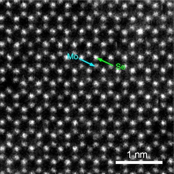 When seen from above, the atoms in two-dimensional molybdenum diselenide resemble a hexagonal grid, like graphene. But in reality, the darker molybdenum atoms are sandwiched between top and bottom layers of selenide atoms. Rice University researchers tested the material for its tensile strength. Courtesy of the Lou Group 